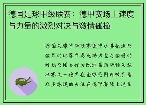 德国足球甲级联赛：德甲赛场上速度与力量的激烈对决与激情碰撞