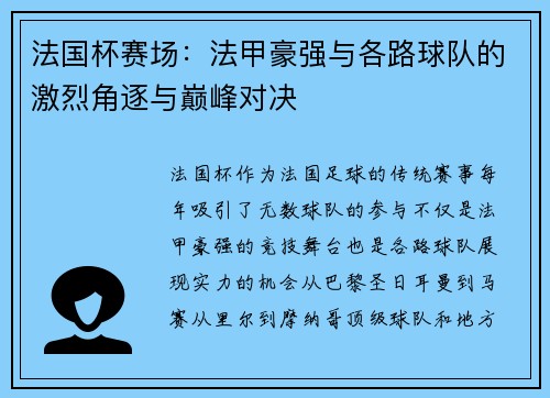 法国杯赛场：法甲豪强与各路球队的激烈角逐与巅峰对决