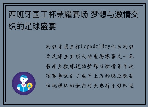 西班牙国王杯荣耀赛场 梦想与激情交织的足球盛宴